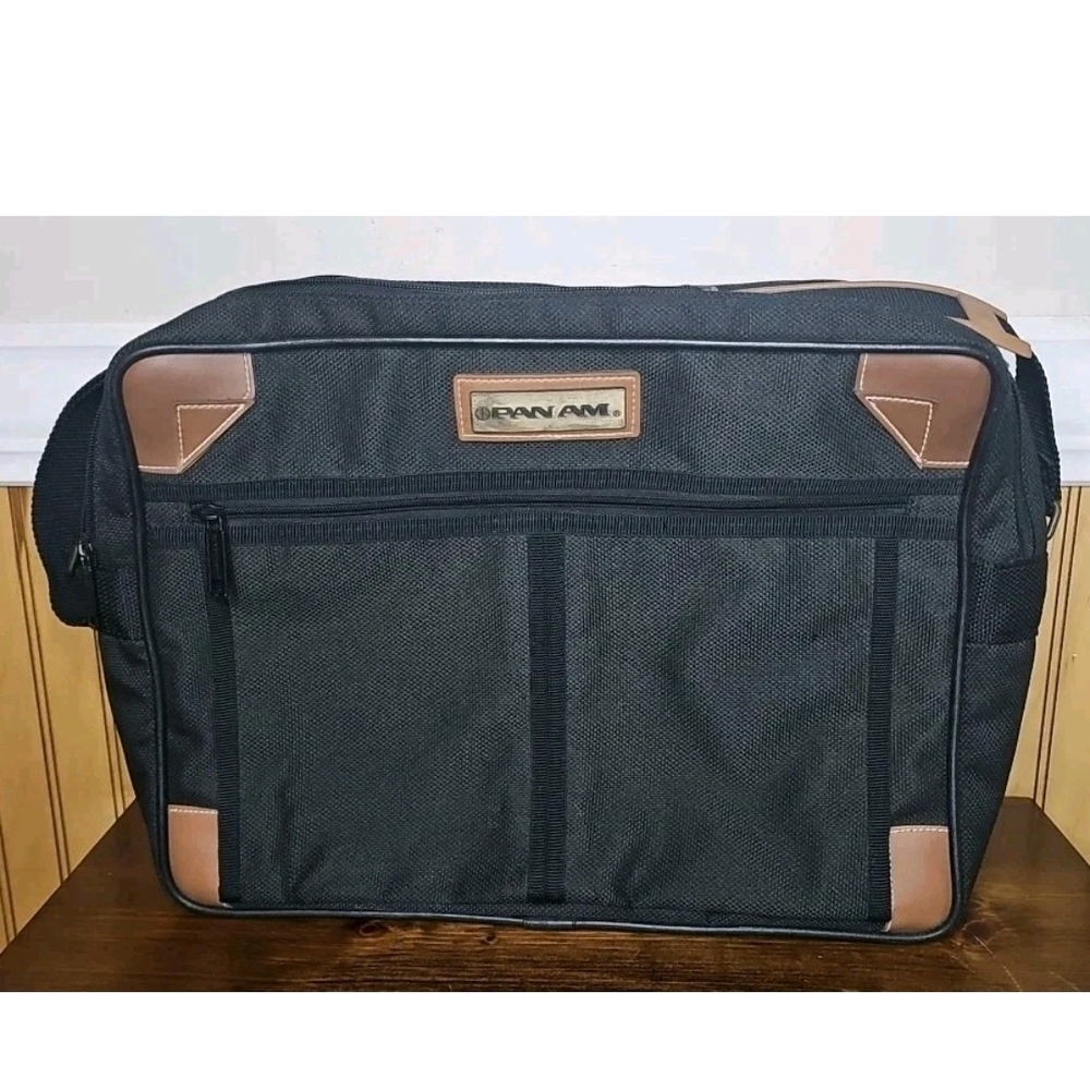 Vintage Pan Am Messenger Travel Shoulder Bag Black Brown Canvas World Wide Inc
